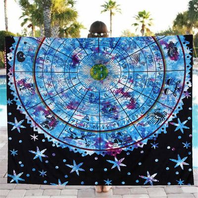 Yoga Mat with Non-Slip Surface featuring colorful zodiac wheel design and star patterns by a poolside.