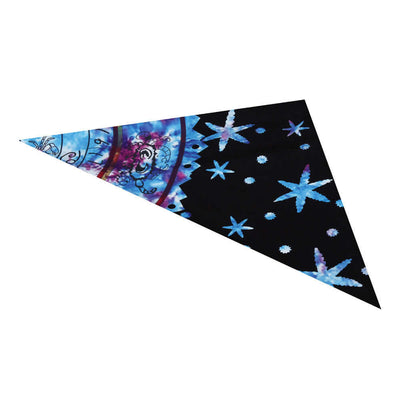 Colorful triangular fabric featuring blue stars and cosmic patterns on a black background.