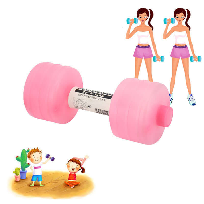 Water Dumbbell Bottle  Fitness & Yoga Training Equipment with pink color and cartoon fitness illustrations.