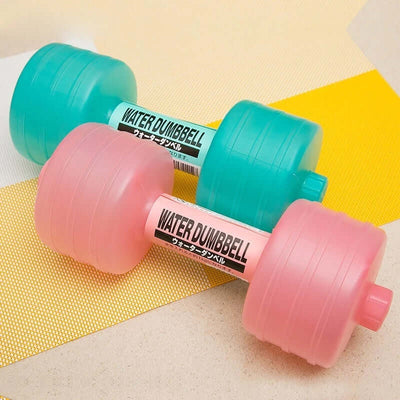 Water Dumbbell Bottle  Fitness & Yoga Training Equipment in blue and pink colors on a colorful background.
