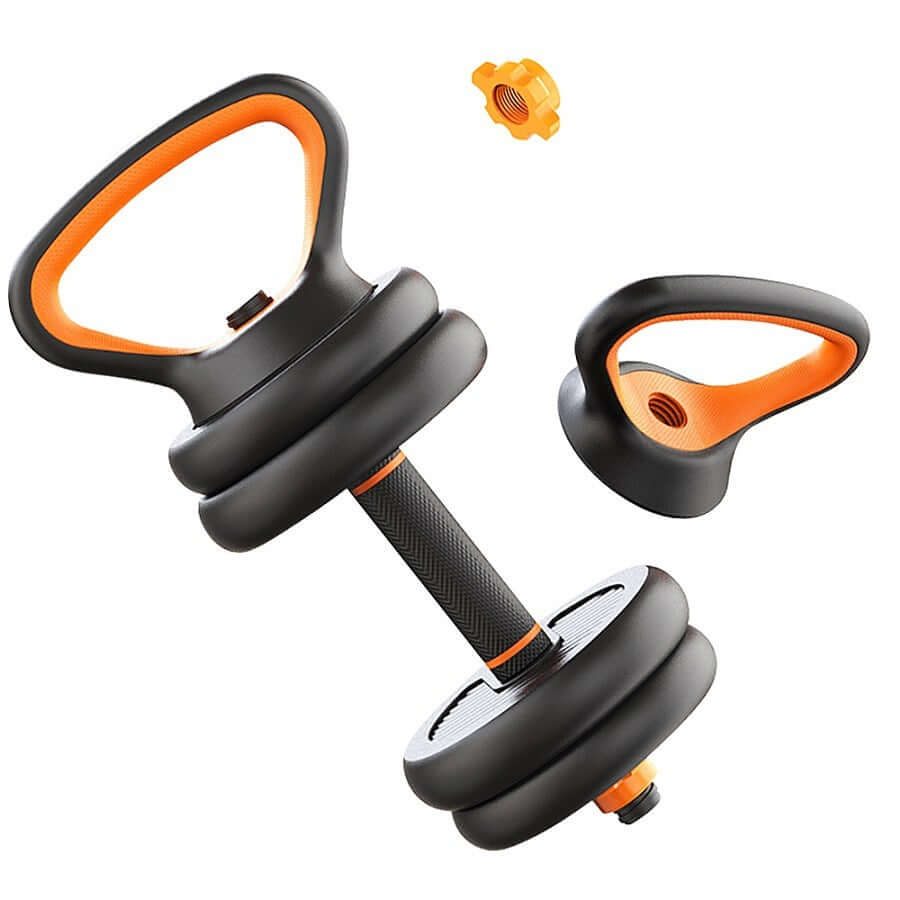 Dumbbells Kettlebells Barbells Multifunctional Combination Six In One with orange accents and safety nut.