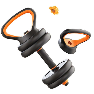 Dumbbells Kettlebells Barbells Multifunctional Combination Six In One with orange accents and safety nut.