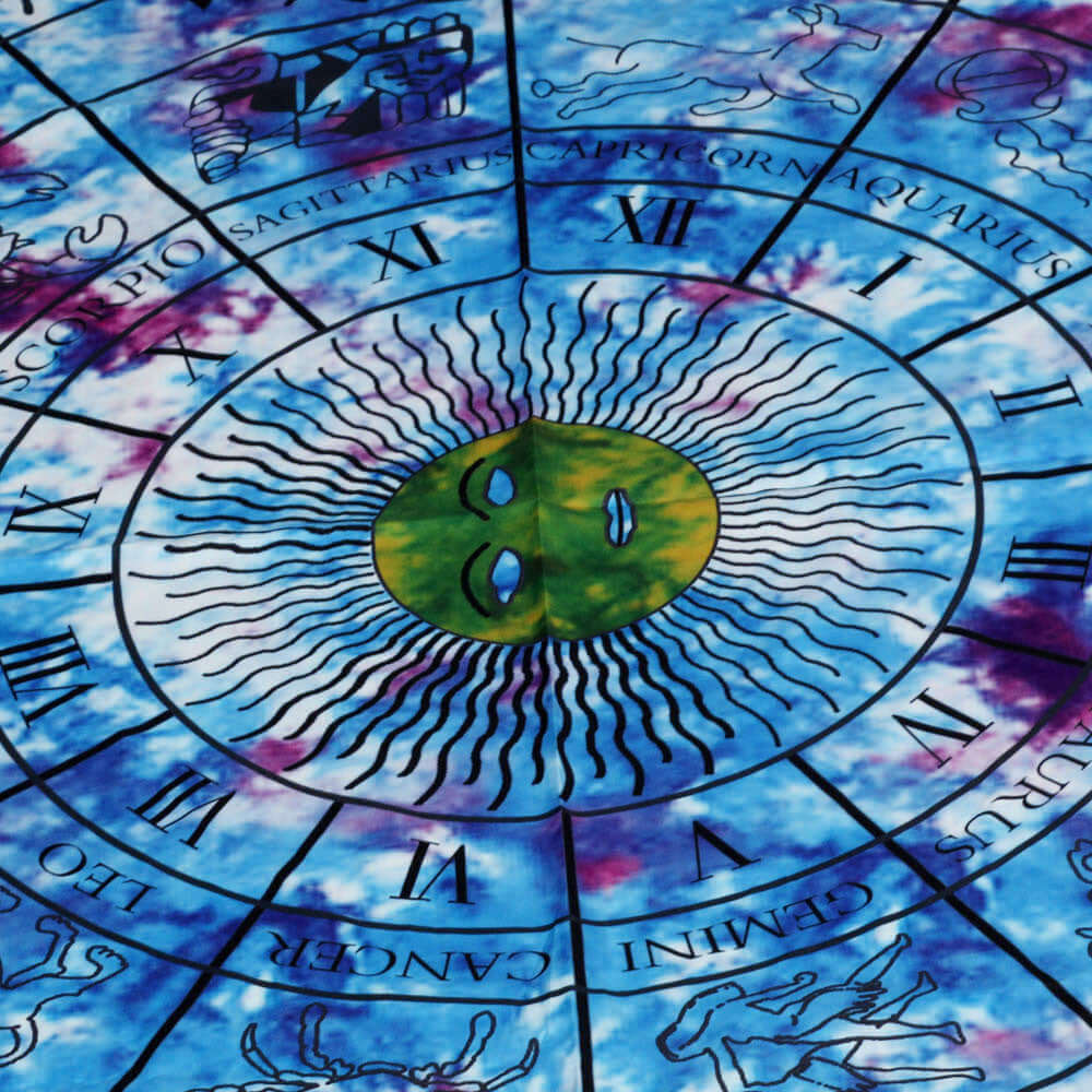 Colorful astrology mat featuring zodiac signs and celestial designs in vibrant blue and purple hues.