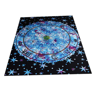 Vibrant yoga mat with astrological designs and non-slip surface for balanced practice.