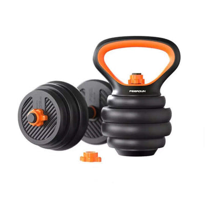 Dumbbells Kettlebells, Barbells Multifunctional Combination Six In One fitness equipment set with adjustable weights.